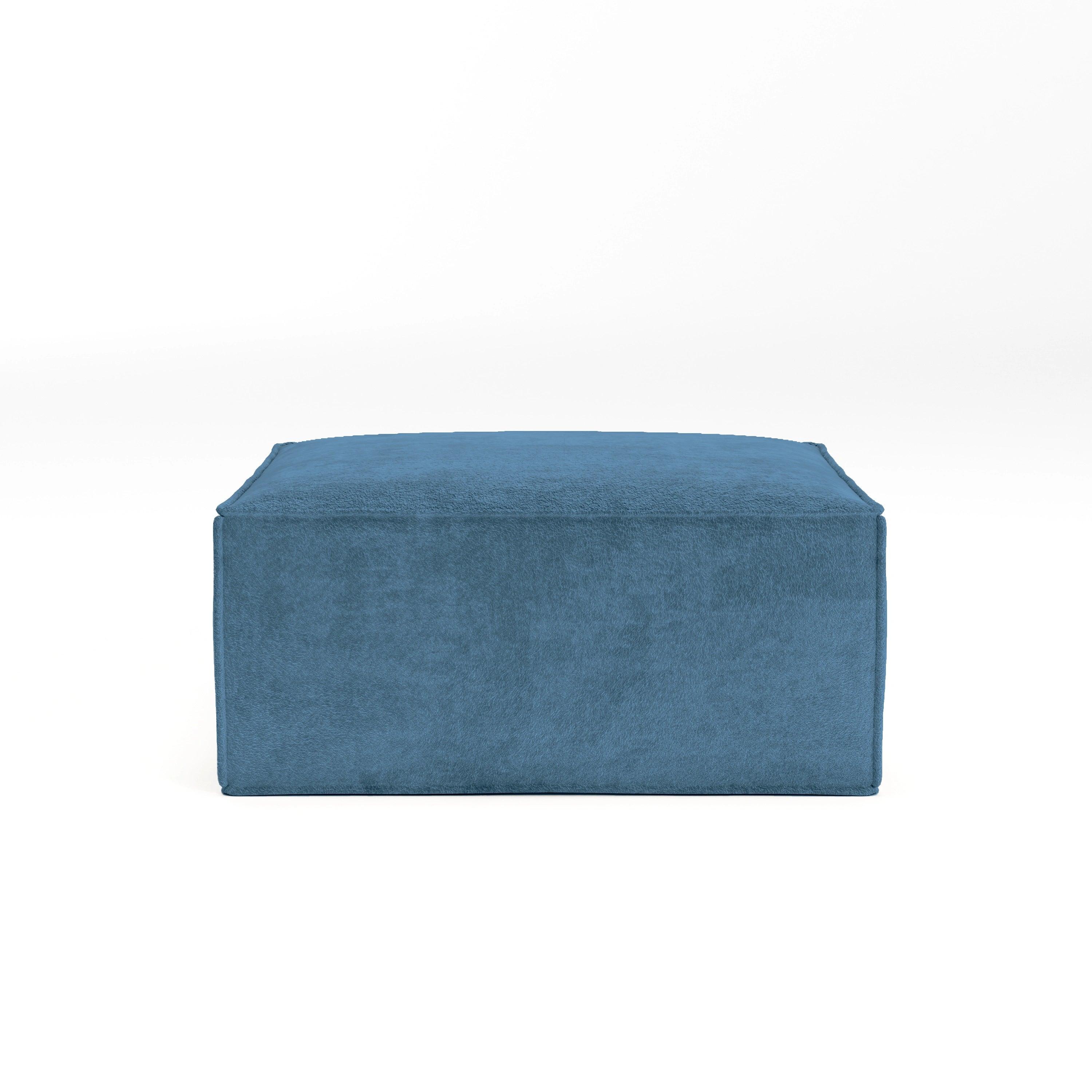 Blue Bouclé Ottoman - Modern Cube Footrest