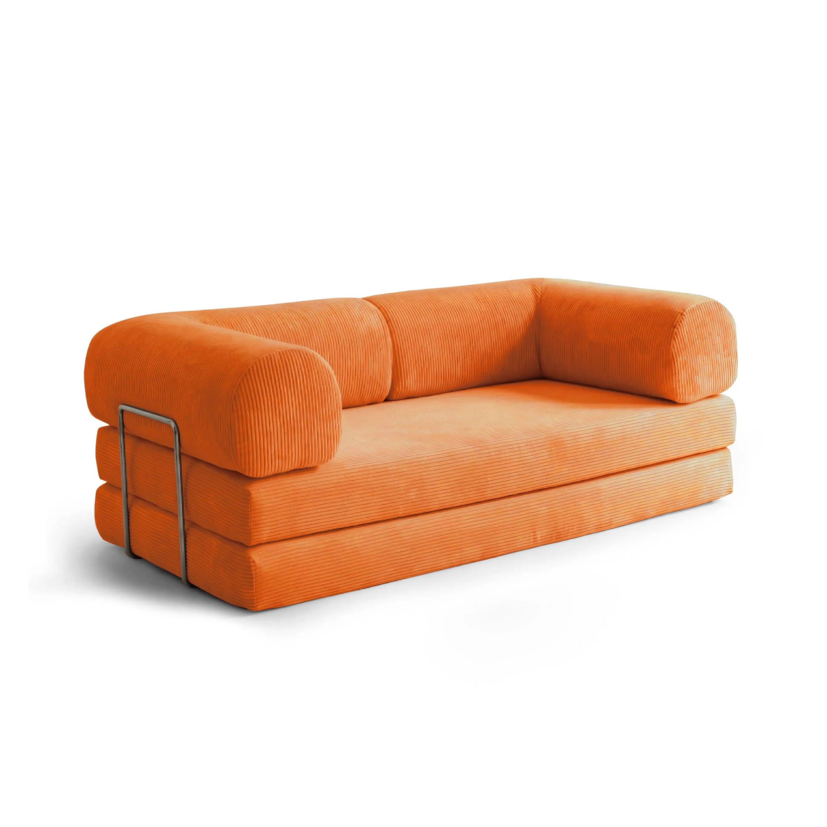 Orange sofa with a metal frame on a white background