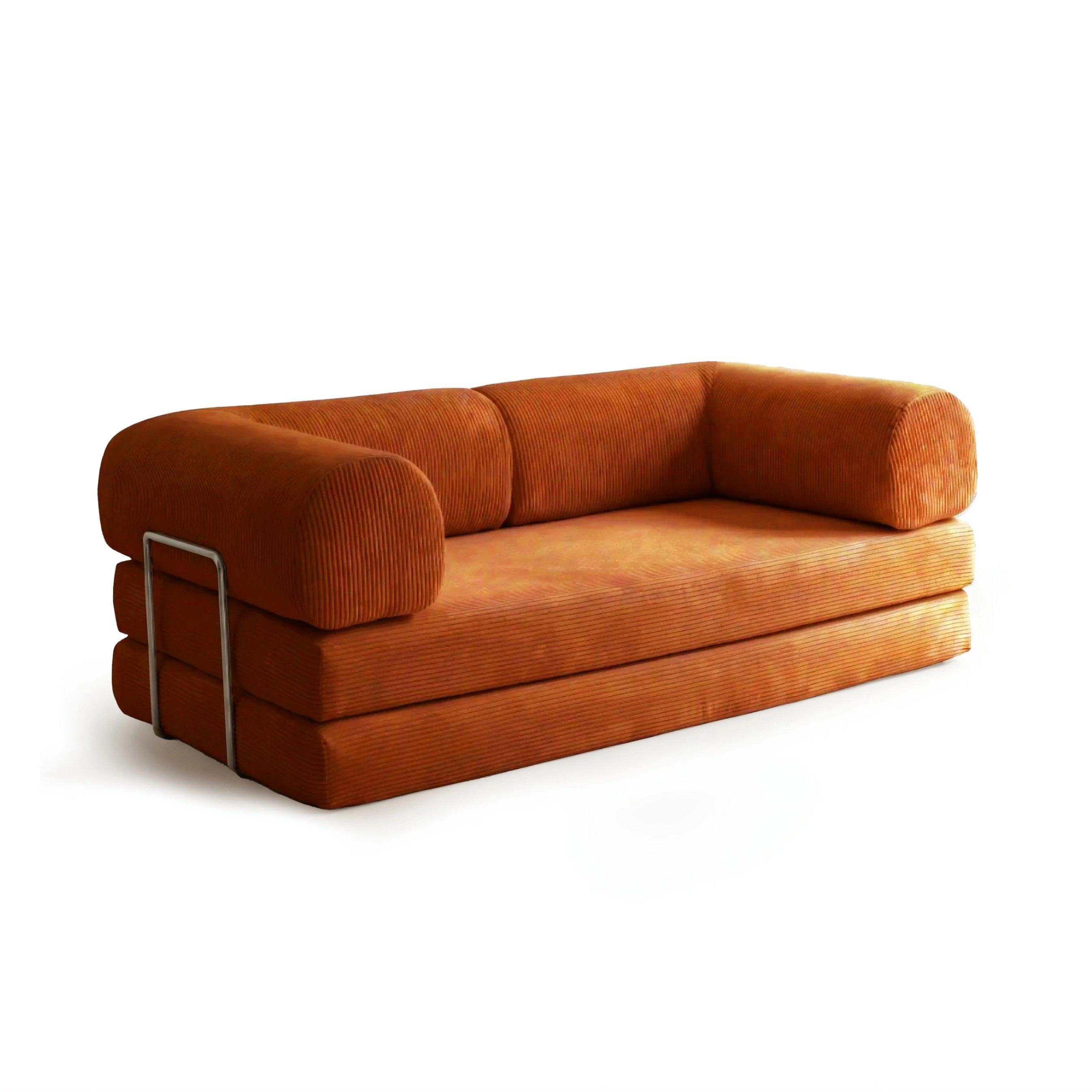 Nova Sofa Bed in Rust – warm earthy tone, minimalist fold-out sofa bed with soft corduroy fabric, perfect for modern interiors