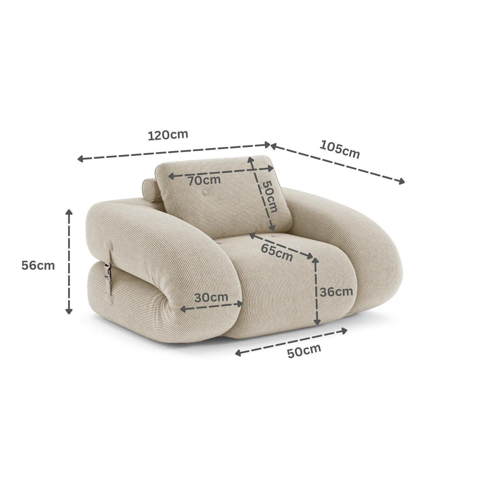 sculptural design with plush corduroy, convertible to bed, modern furniture style