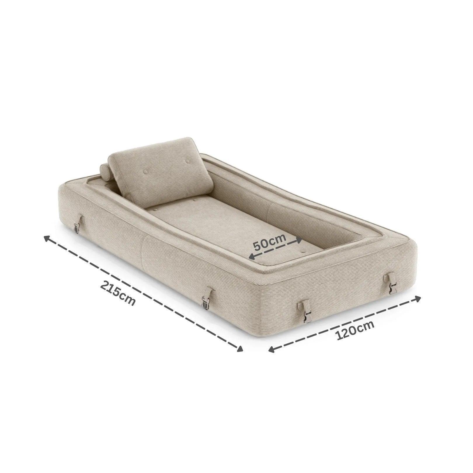 sculptural design with plush corduroy, convertible to bed, modern furniture style
