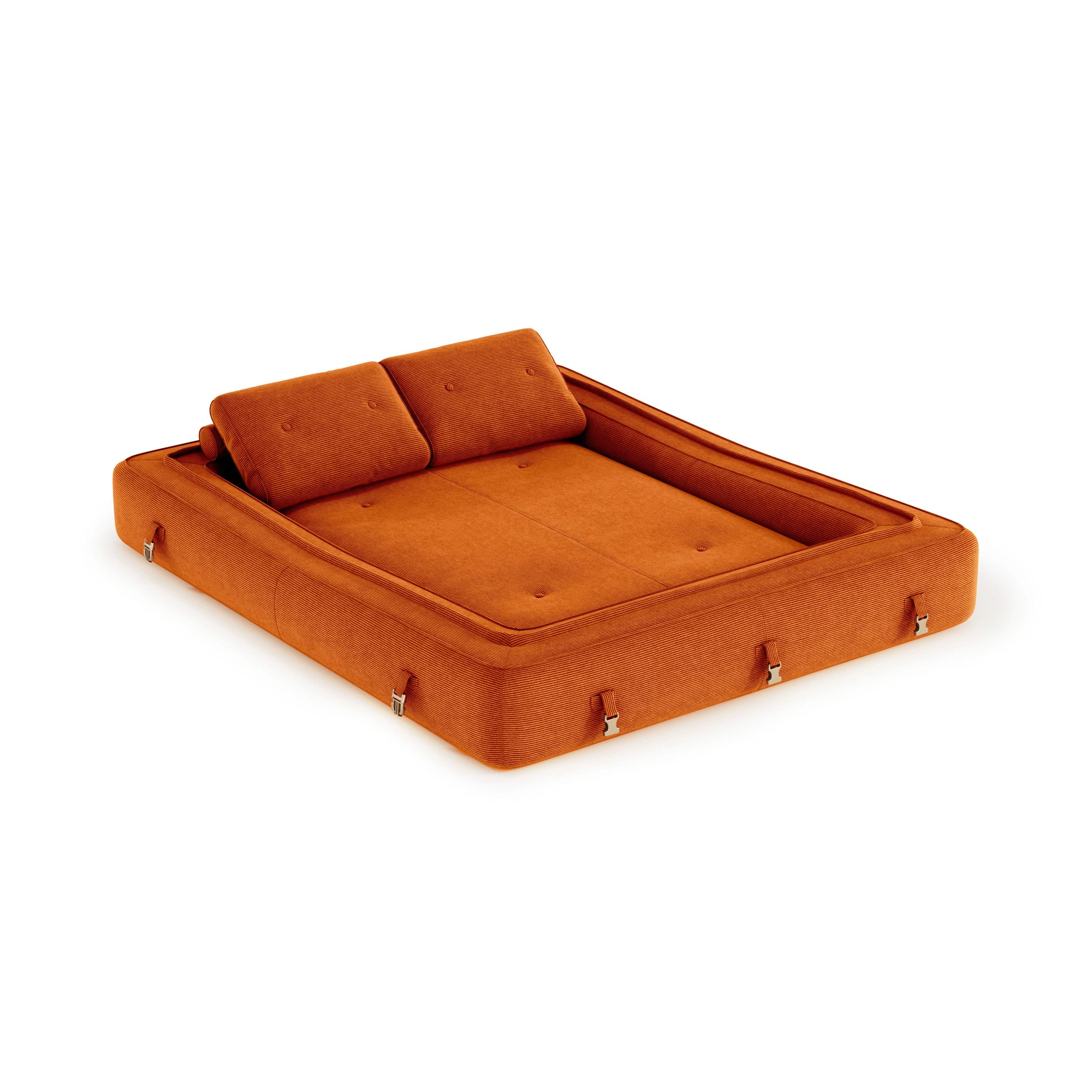 Flippo Sofa Bed in Orange color – sculptural design with plush corduroy, convertible to bed, modern furniture style
