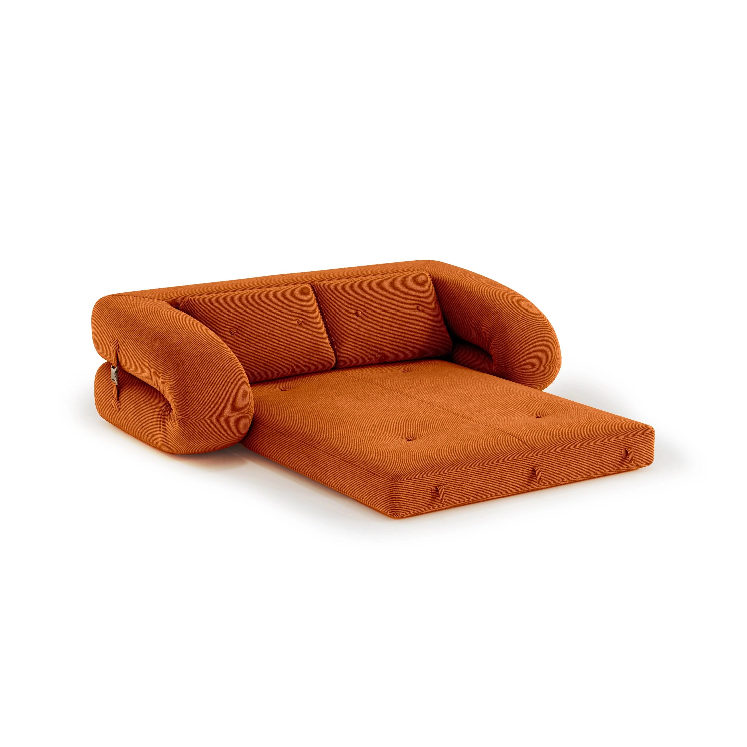 Flippo Sofa Bed in Orange color – sculptural design with plush corduroy, convertible to bed, modern furniture style
