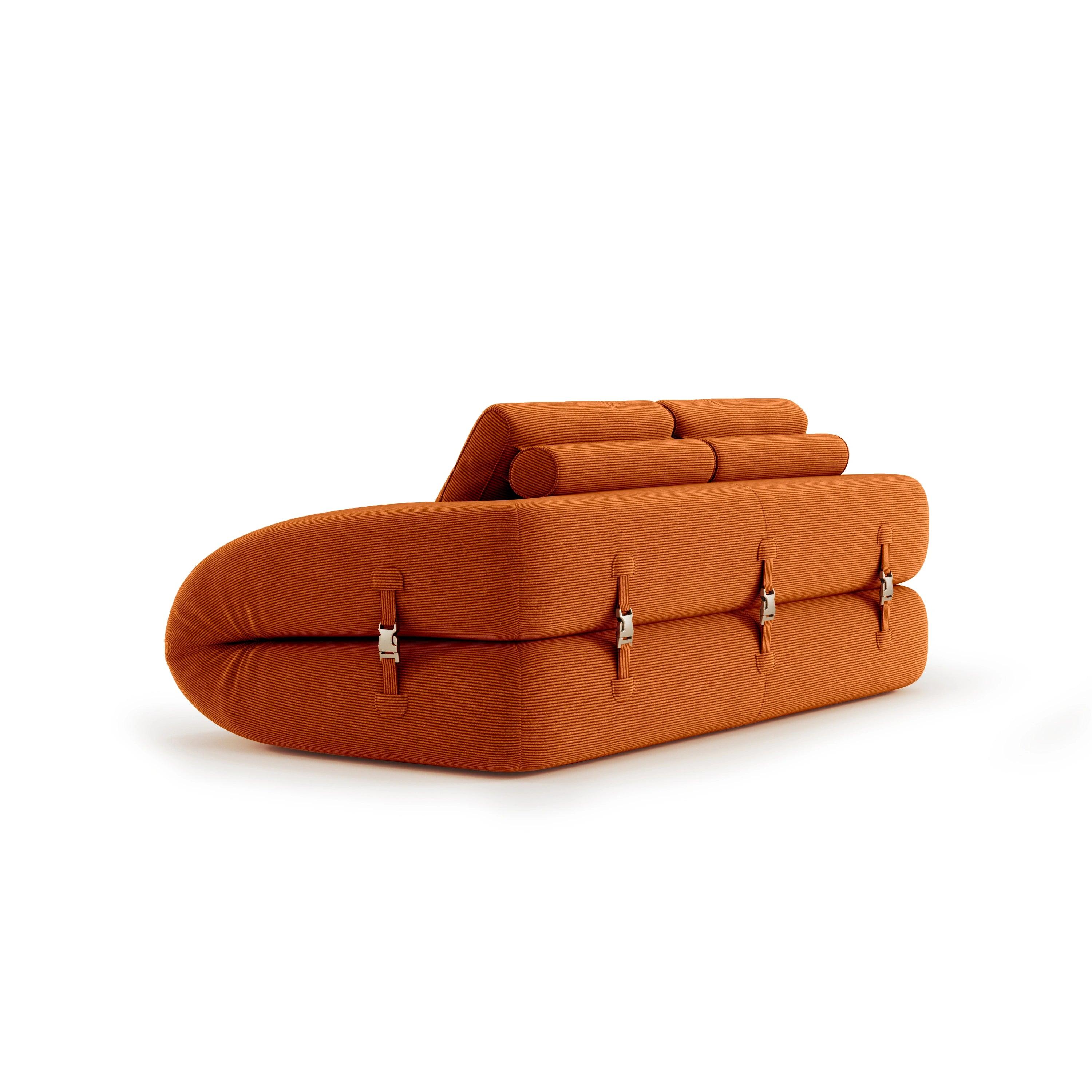 Flippo Sofa Bed in Orange color – sculptural design with plush corduroy, convertible to bed, modern furniture style
