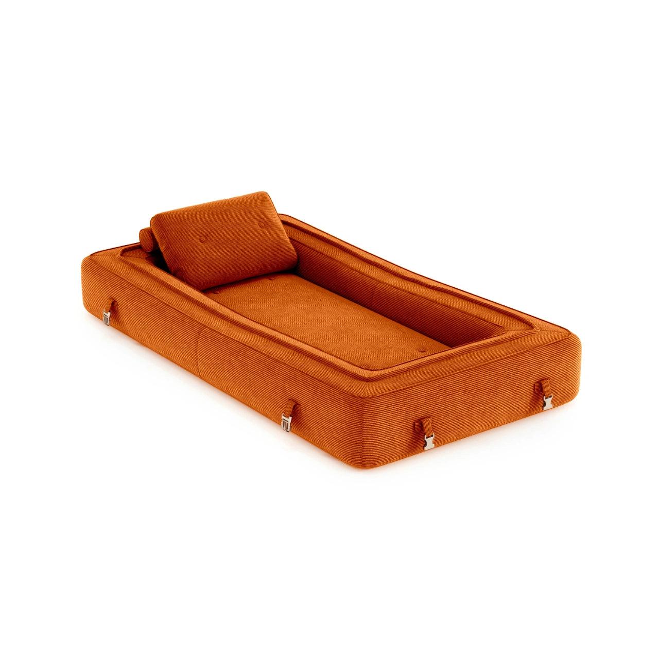 Flippo Sofa Bed in Orange color – sculptural design with plush corduroy, convertible to bed, modern furniture style
