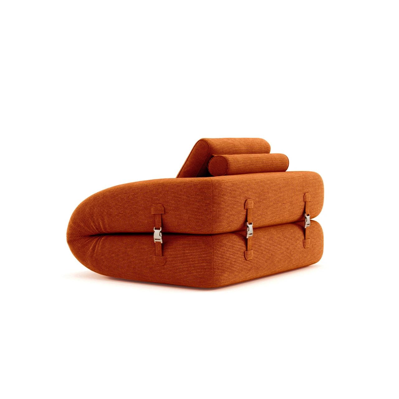 Flippo Sofa Bed in Orange color – sculptural design with plush corduroy, convertible to bed, modern furniture style
