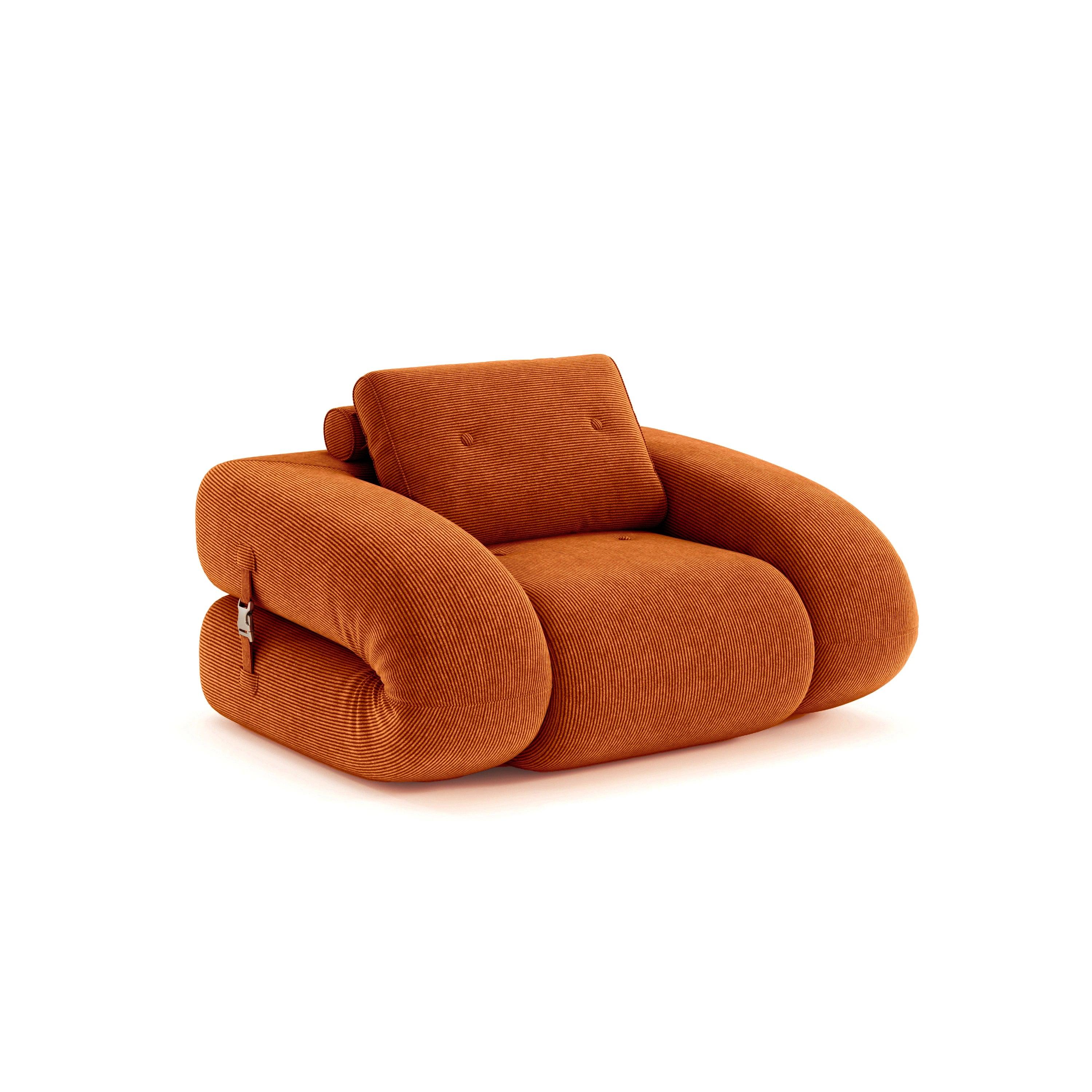 Flippo Sofa Bed in Orange color – sculptural design with plush corduroy, convertible to bed, modern furniture style

