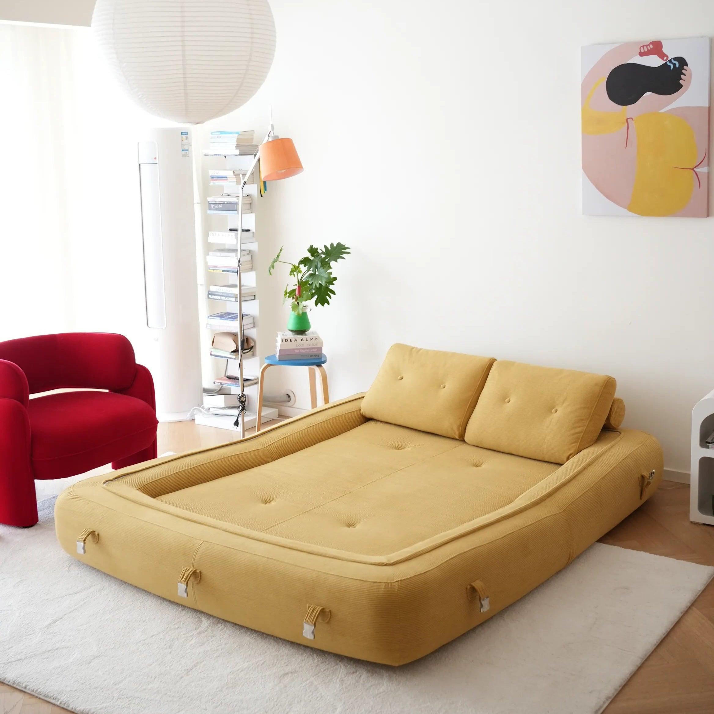 Flippo Sofa Bed in Yellow color – bold sculptural design, soft corduroy fabric, easily converts to bed, modern living room furniture
