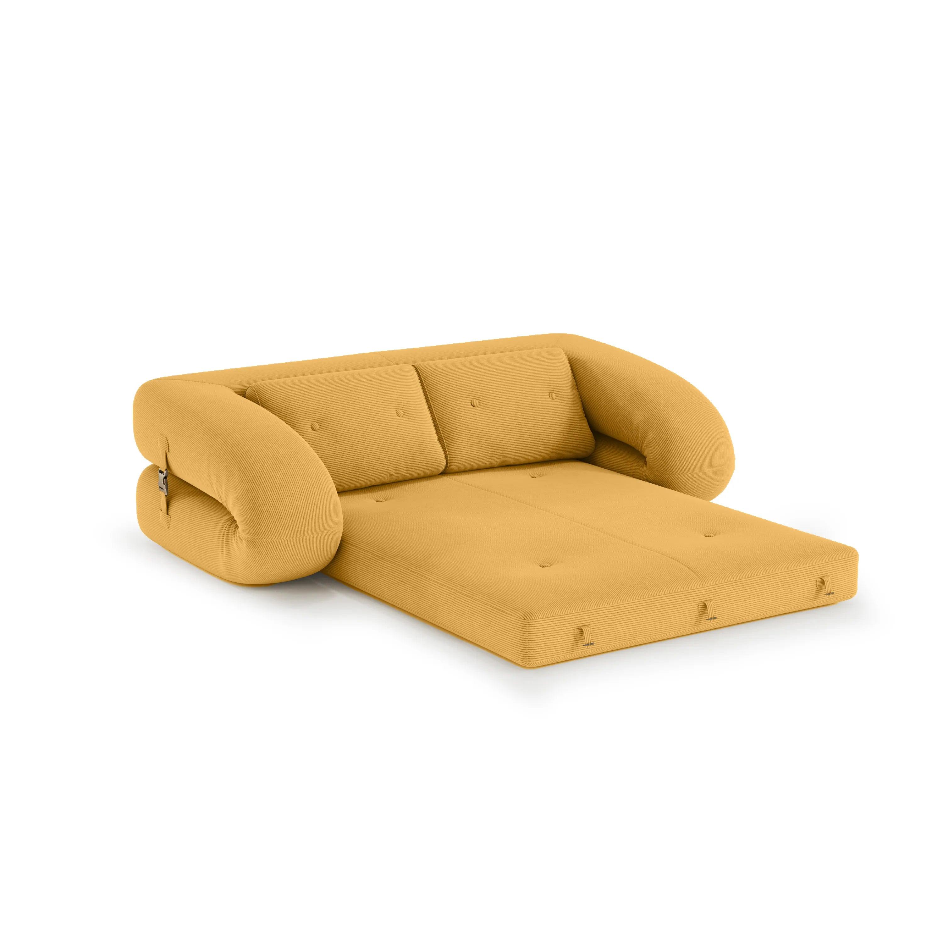 Flippo Sofa Bed in Yellow color – bold sculptural design, soft corduroy fabric, easily converts to bed, modern living room furniture
