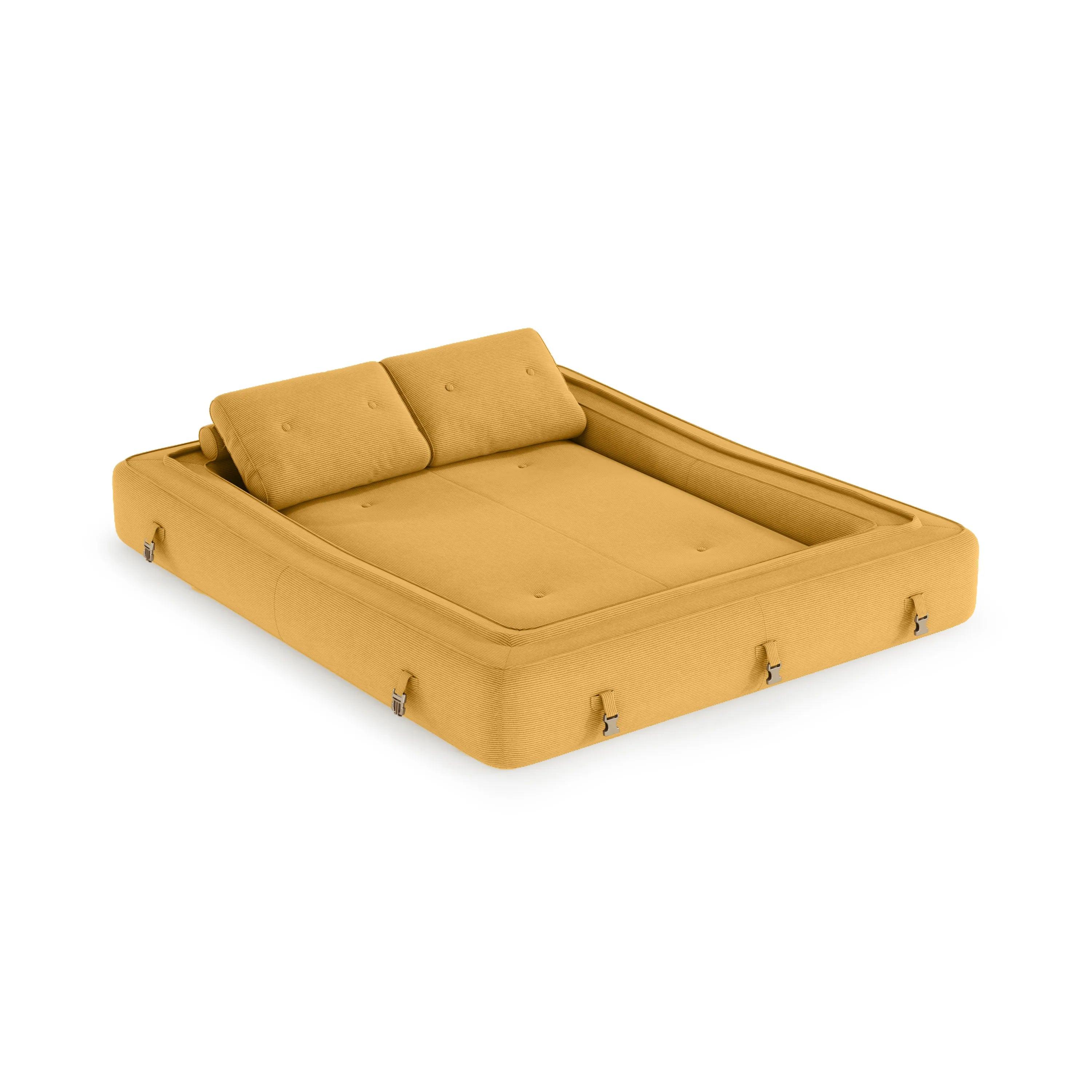 Flippo Sofa Bed in Yellow color – bold sculptural design, soft corduroy fabric, easily converts to bed, modern living room furniture
