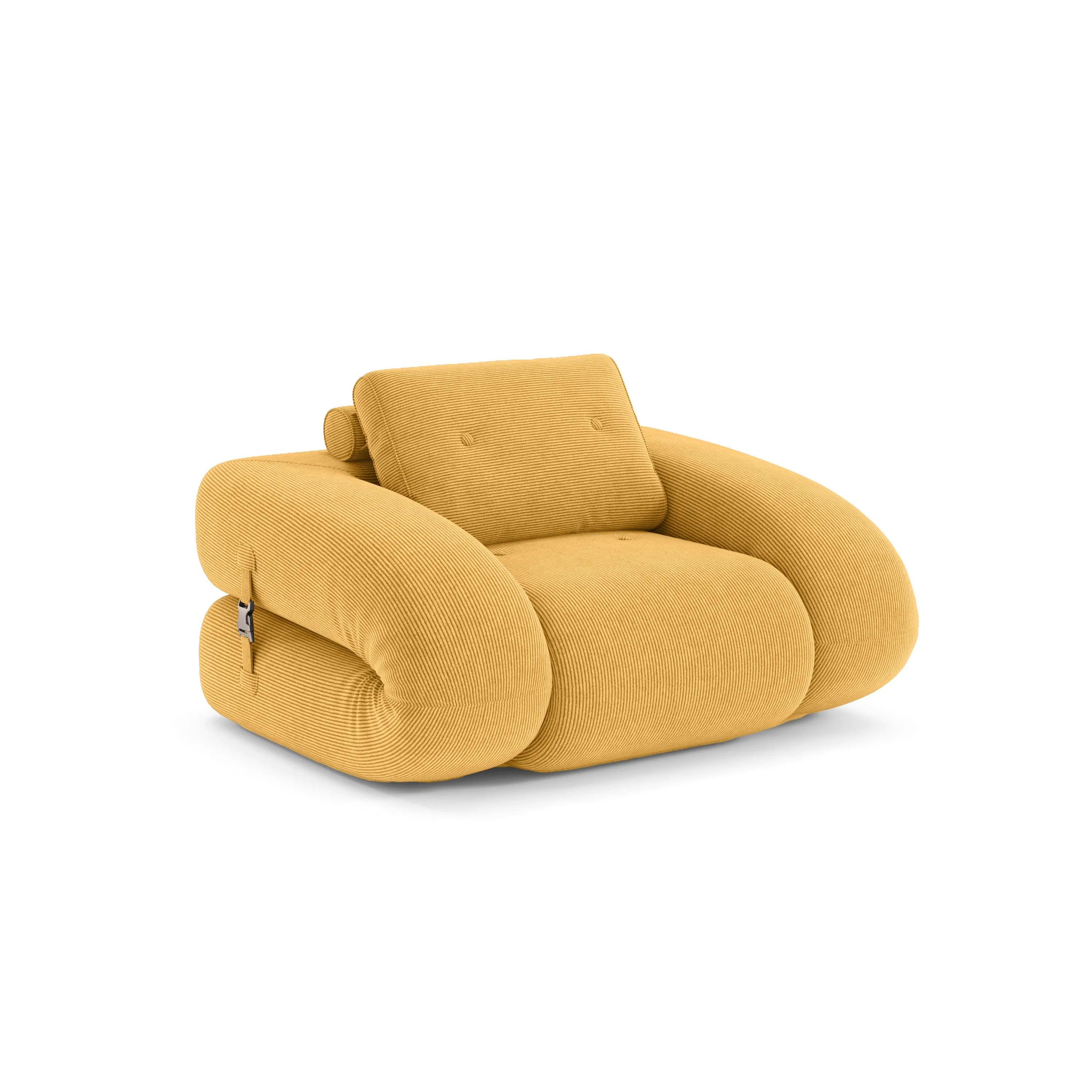 Flippo Sofa Bed in Yellow color – bold sculptural design, soft corduroy fabric, easily converts to bed, modern living room furniture
