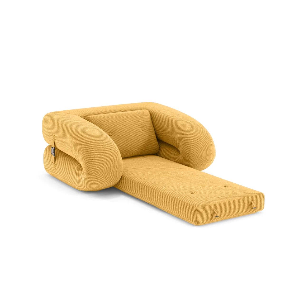 Flippo Sofa Bed in Yellow color – bold sculptural design, soft corduroy fabric, easily converts to bed, modern living room furniture
