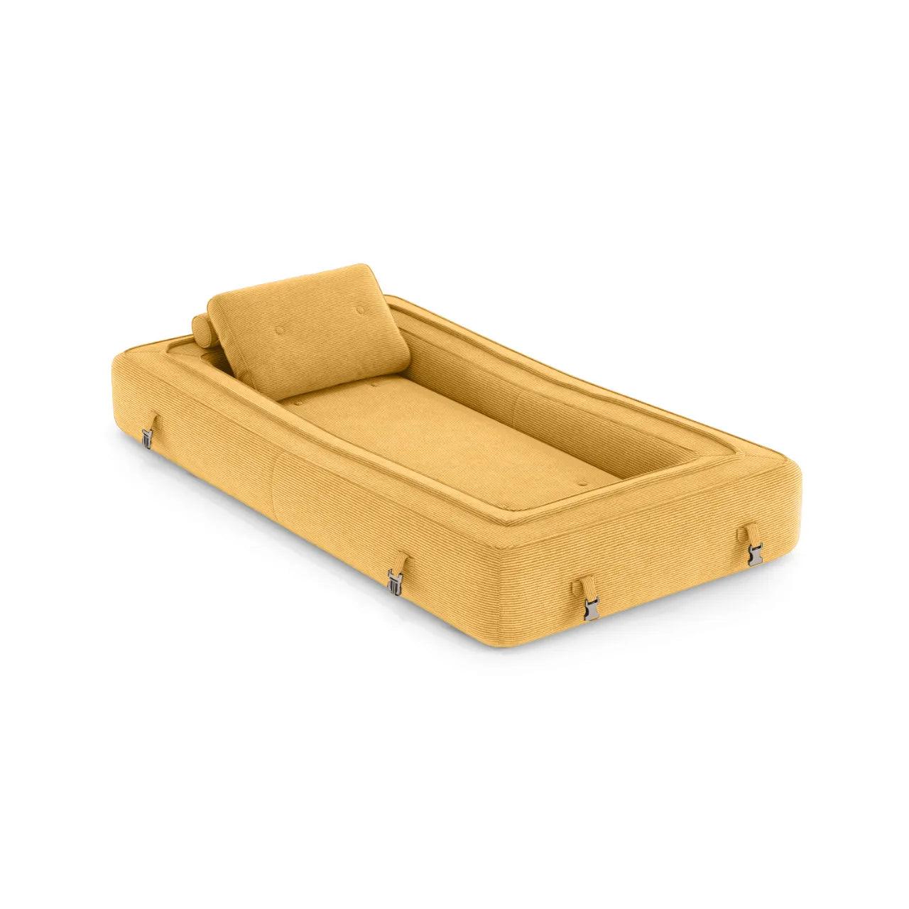 Flippo Sofa Bed in Yellow color – bold sculptural design, soft corduroy fabric, easily converts to bed, modern living room furniture
