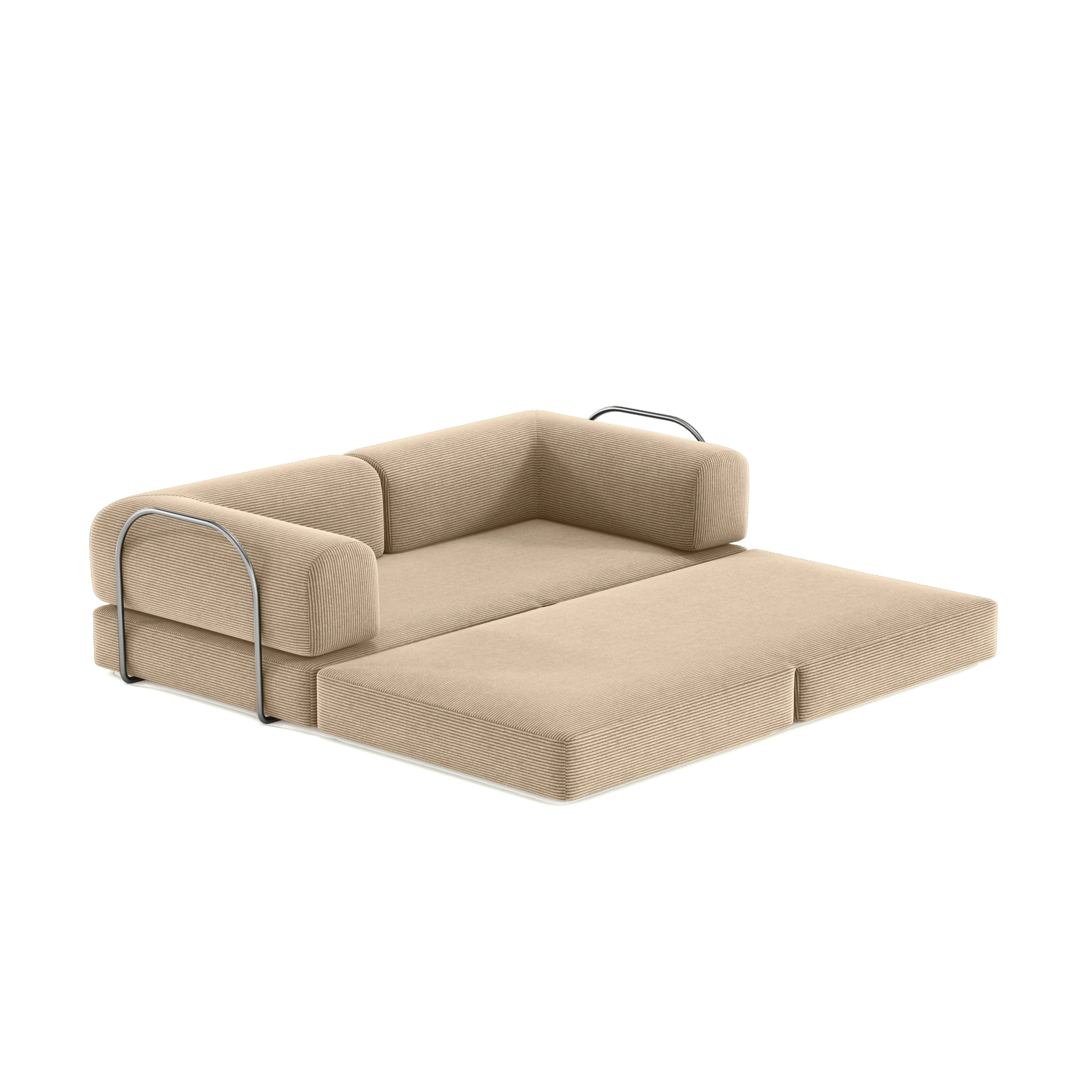 Beige sofa bed with metal frame on a white background