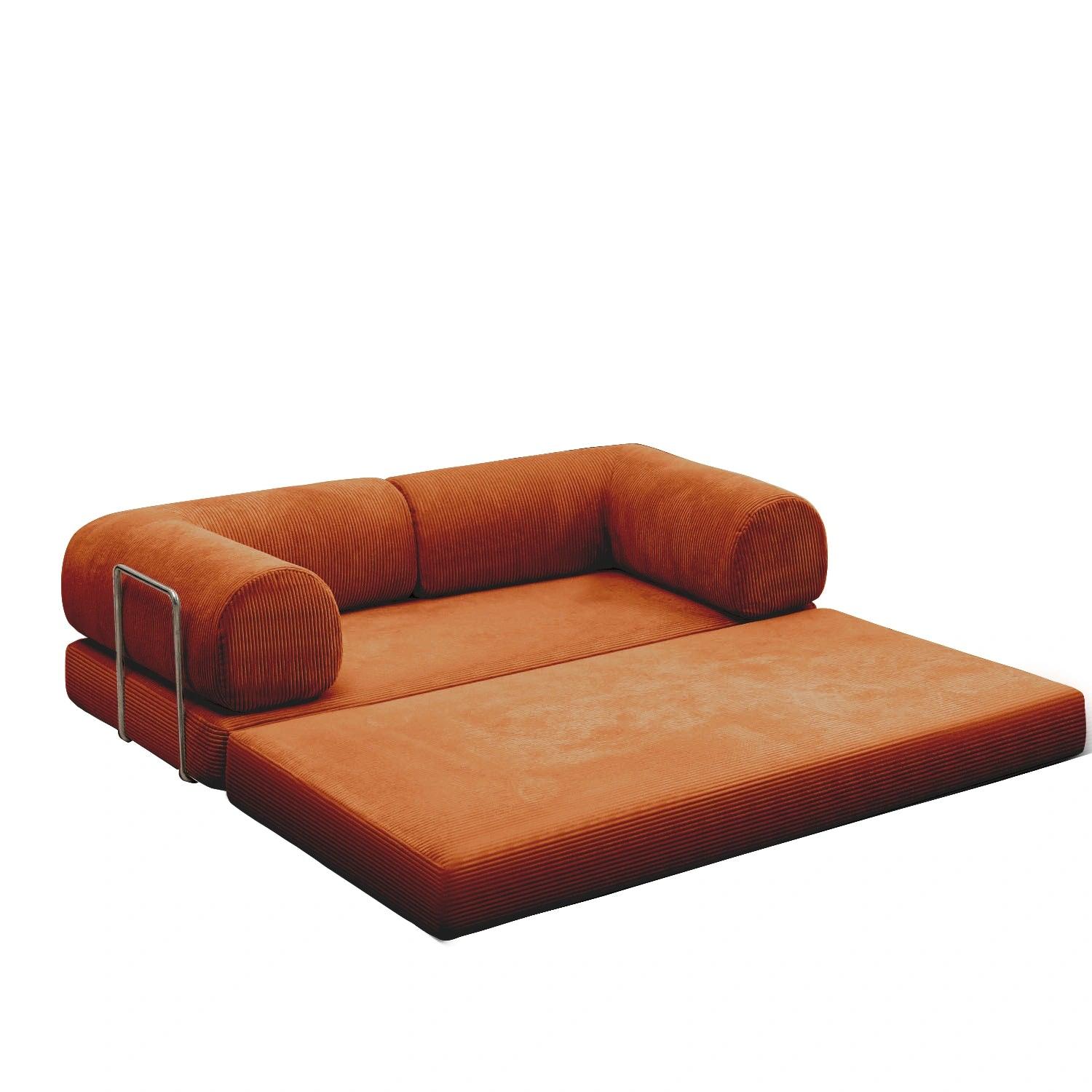 Nova Sofa Bed in Rust – warm earthy tone, minimalist fold-out sofa bed with soft corduroy fabric, perfect for modern interiors
