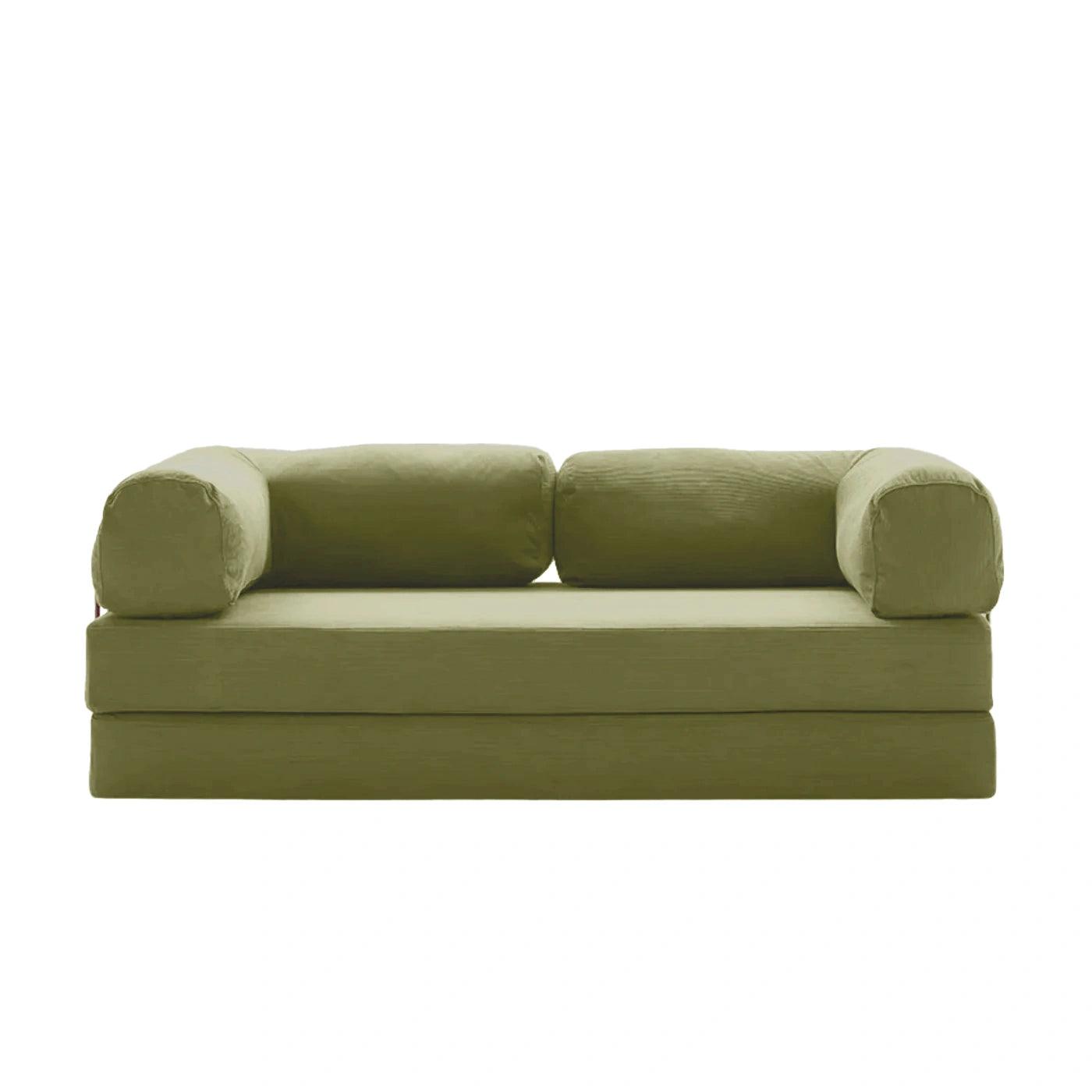 Nova Sofa Bed Slim in Matcha – soft green tone, sleek and space-saving design, foldable for lounging or sleeping, ideal for small modern spaces
