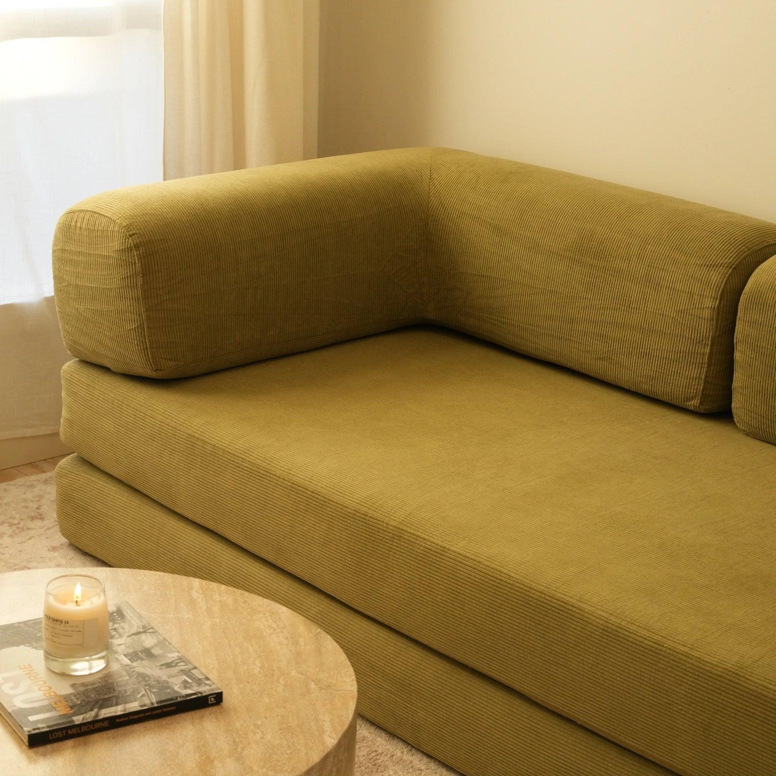 Nova Sofa Bed Slim in Matcha – soft green tone, sleek and space-saving design, foldable for lounging or sleeping, ideal for small modern spaces
