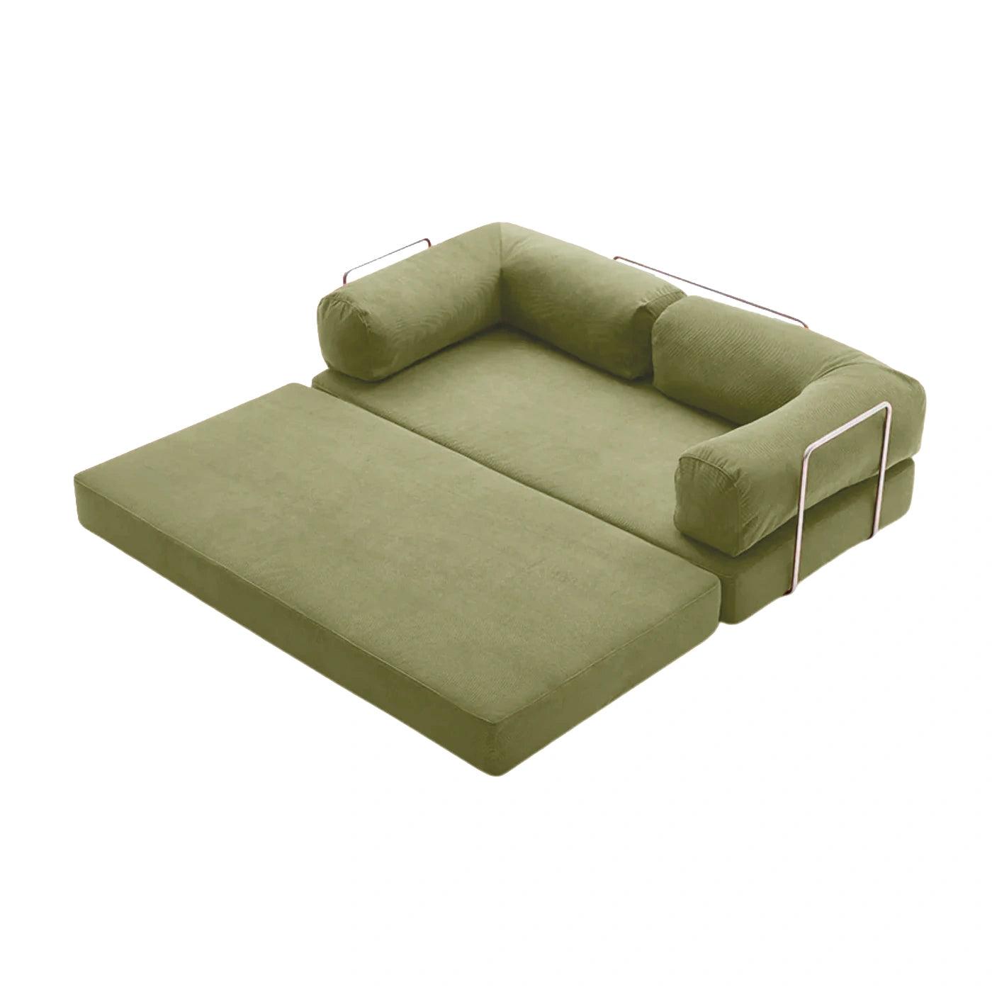 Nova Sofa Bed Slim in Matcha – soft green tone, sleek and space-saving design, foldable for lounging or sleeping, ideal for small modern spaces
