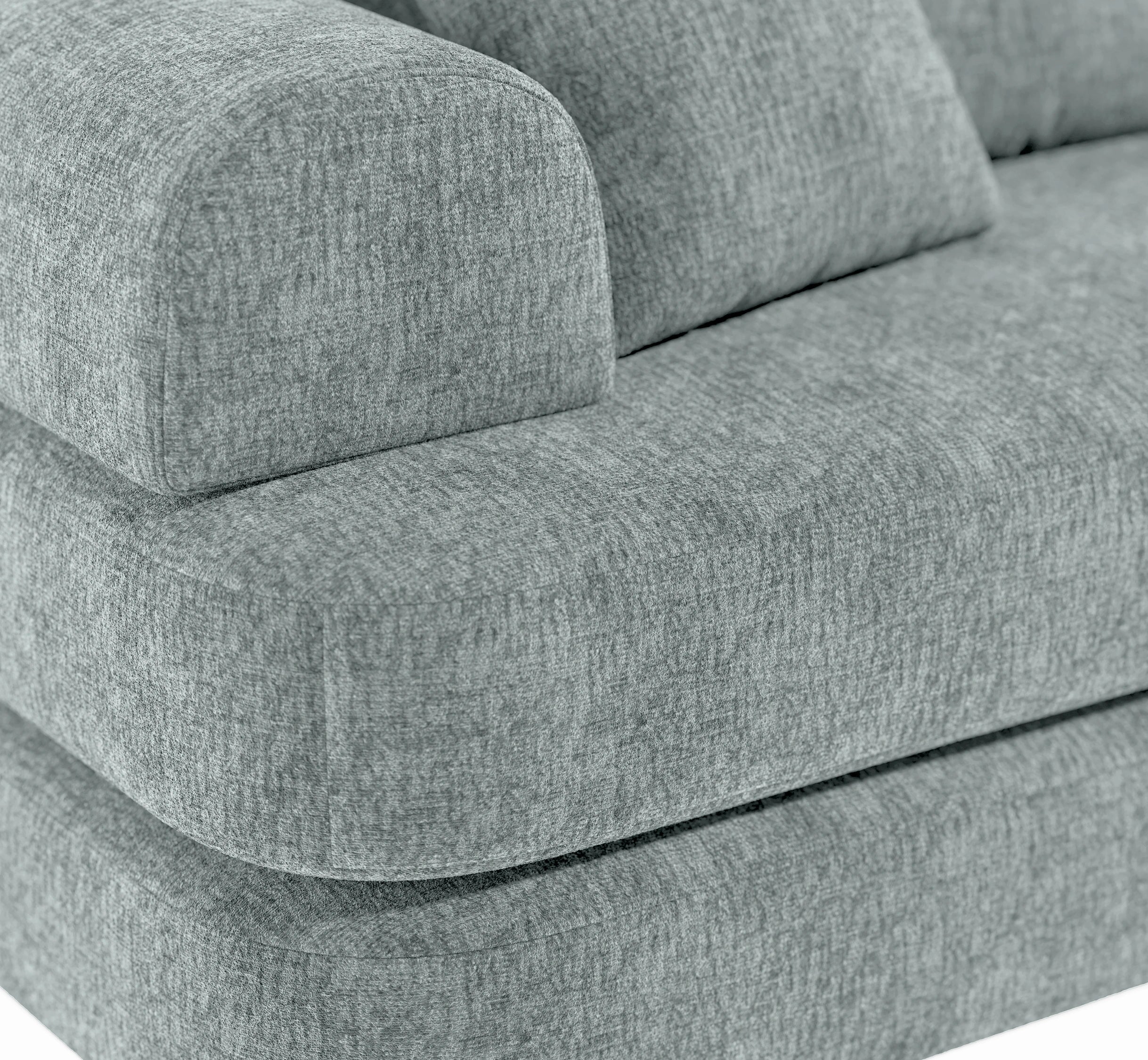 Gray upholstered sofa with a textured fabric finish on a white background